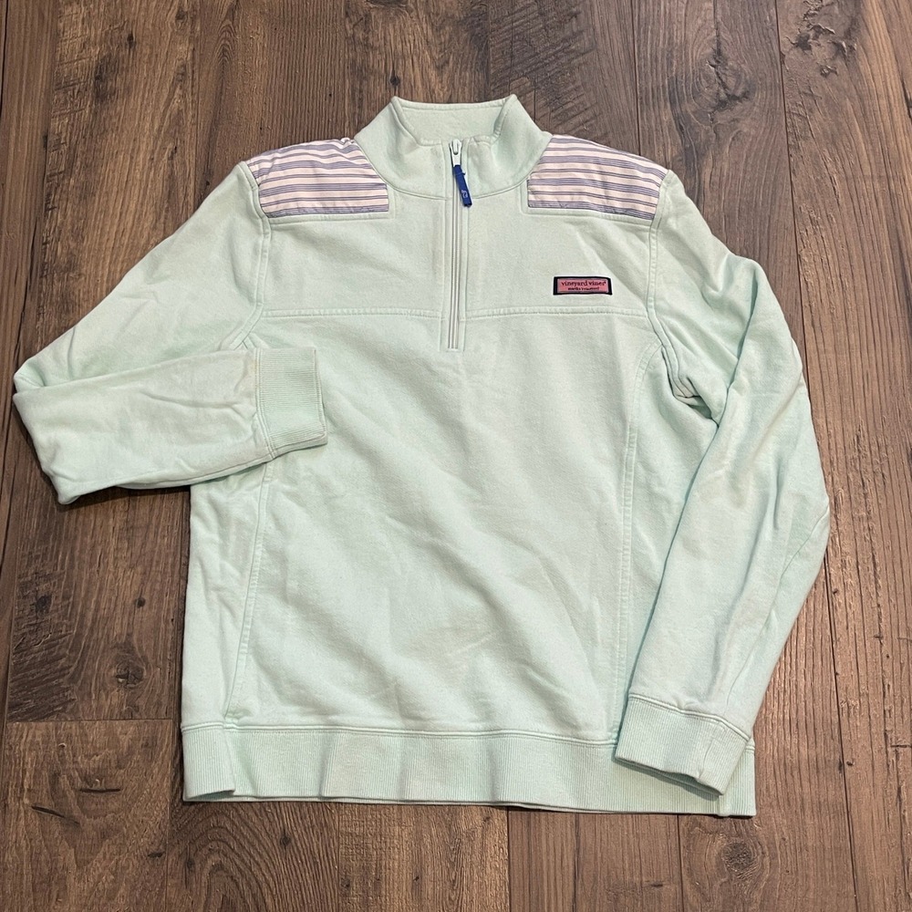 Vineyard Vines Womens Mint Green Striped Quilted Yoke Quarter Zip Pullover M